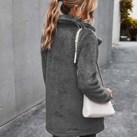 black comfy button pocket teddy trench  jacket - Picture 7 of 11